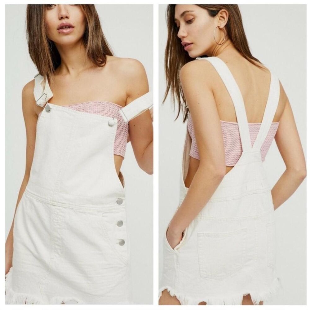 Free People Denim Jumper Skirt Overalls 0 Distressed Raw Hem Boho Festival